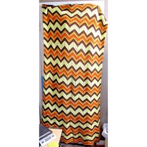 Vintage Handmade Afghan Crochet Blanket zigzag designs. Neutral Colors  77"x33"